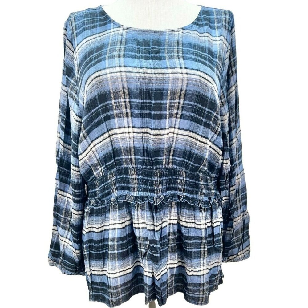 Lane Bryant Womens Plaid Long Sleeve Peplum Blouse Size 20 Blue